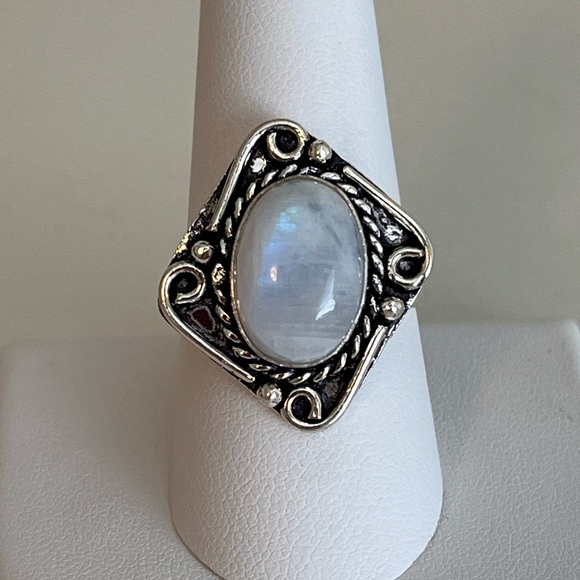 Hand Crafted Jewelry - 925 SILVER OVERLAY GEMSTONE RING RAINBOW MOONSTONE SIZE 9.25